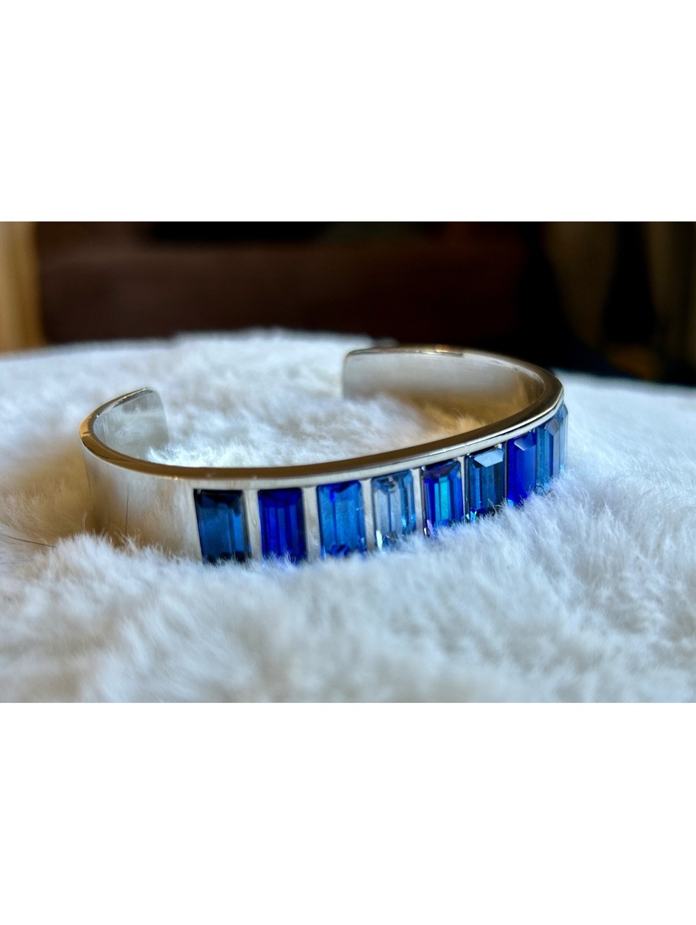 Silver Tone Costume Blue Rectangular Crystal Cuff Bracelet